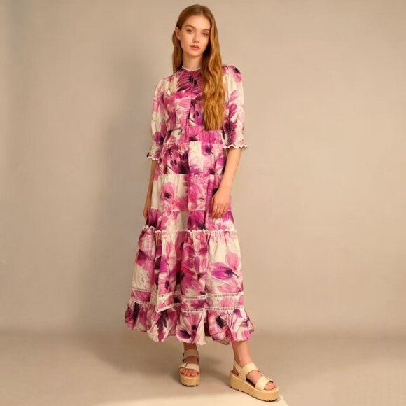 $598 NWOT JOHNNY WAS Jade Silk Blend Floral Ruffles Tiered...
